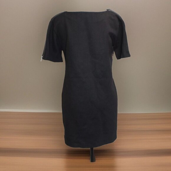 Sandro Short Sleeve Zipper Leather Trim Mini Dress Black w/ Aztec Print Size 2 - Picture 2 of 8